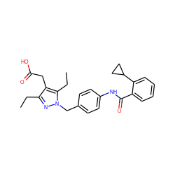 CCc1nn(Cc2ccc(NC(=O)c3ccccc3C3CC3)cc2)c(CC)c1CC(=O)O ZINC000168892605