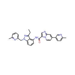 CCc1nn(Cc2cccc(C)n2)c2cccc(NC(=O)c3cnc4cc(-c5ccc(C)nc5)ccn34)c12 ZINC000072315535