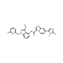 CCc1nn(Cc2cccc(C)n2)c2cccc(NC(=O)c3cnc4cc(-c5cnc(C)n5C)ccn34)c12 ZINC000117885454