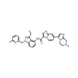 CCc1nn(Cc2cccc(C)n2)c2cccc(NC(=O)c3cnc4cc(-c5cnc6n5CCN(C)C6)ccn34)c12 ZINC000117885123