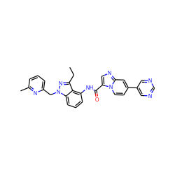 CCc1nn(Cc2cccc(C)n2)c2cccc(NC(=O)c3cnc4cc(-c5cncnc5)ccn34)c12 ZINC000117889422