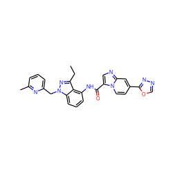 CCc1nn(Cc2cccc(C)n2)c2cccc(NC(=O)c3cnc4cc(-c5nnco5)ccn34)c12 ZINC000117894312