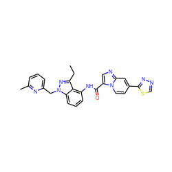 CCc1nn(Cc2cccc(C)n2)c2cccc(NC(=O)c3cnc4cc(-c5nncs5)ccn34)c12 ZINC000117895104