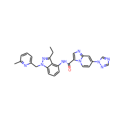 CCc1nn(Cc2cccc(C)n2)c2cccc(NC(=O)c3cnc4cc(-n5cncn5)ccn34)c12 ZINC000169706579