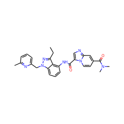 CCc1nn(Cc2cccc(C)n2)c2cccc(NC(=O)c3cnc4cc(C(=O)N(C)C)ccn34)c12 ZINC000117896400