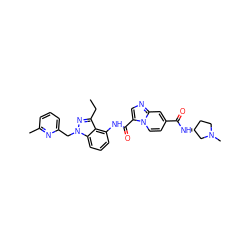 CCc1nn(Cc2cccc(C)n2)c2cccc(NC(=O)c3cnc4cc(C(=O)N[C@@H]5CCN(C)C5)ccn34)c12 ZINC000117879776