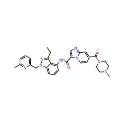 CCc1nn(Cc2cccc(C)n2)c2cccc(NC(=O)c3cnc4cc(C(=O)N5CCN(C)CC5)ccn34)c12 ZINC000117884574