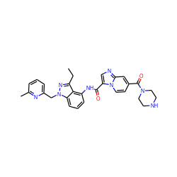 CCc1nn(Cc2cccc(C)n2)c2cccc(NC(=O)c3cnc4cc(C(=O)N5CCNCC5)ccn34)c12 ZINC000117880779