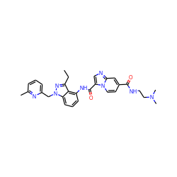 CCc1nn(Cc2cccc(C)n2)c2cccc(NC(=O)c3cnc4cc(C(=O)NCCN(C)C)ccn34)c12 ZINC000169706567