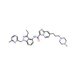 CCc1nn(Cc2cccc(C)n2)c2cccc(NC(=O)c3cnc4cc(CCCN5CCN(C)CC5)ccn34)c12 ZINC000117885375