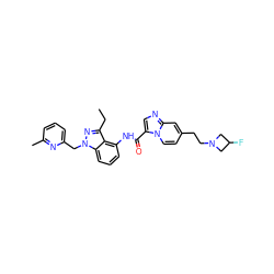 CCc1nn(Cc2cccc(C)n2)c2cccc(NC(=O)c3cnc4cc(CCN5CC(F)C5)ccn34)c12 ZINC000117885797