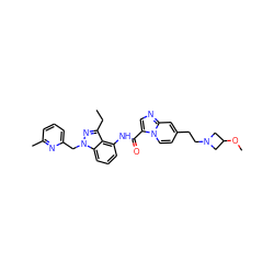 CCc1nn(Cc2cccc(C)n2)c2cccc(NC(=O)c3cnc4cc(CCN5CC(OC)C5)ccn34)c12 ZINC000117880336