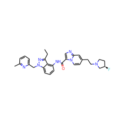 CCc1nn(Cc2cccc(C)n2)c2cccc(NC(=O)c3cnc4cc(CCN5CC[C@@H](F)C5)ccn34)c12 ZINC000117889288