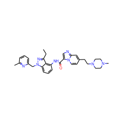 CCc1nn(Cc2cccc(C)n2)c2cccc(NC(=O)c3cnc4cc(CCN5CCN(C)CC5)ccn34)c12 ZINC000117883430