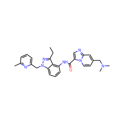 CCc1nn(Cc2cccc(C)n2)c2cccc(NC(=O)c3cnc4cc(CN(C)C)ccn34)c12 ZINC000117893788