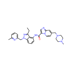 CCc1nn(Cc2cccc(C)n2)c2cccc(NC(=O)c3cnc4cc(CN5CCN(C)CC5)ccn34)c12 ZINC000117883516