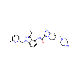 CCc1nn(Cc2cccc(C)n2)c2cccc(NC(=O)c3cnc4cc(CN5CCNCC5)ccn34)c12 ZINC000117885241