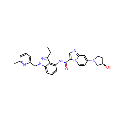 CCc1nn(Cc2cccc(C)n2)c2cccc(NC(=O)c3cnc4cc(N5CC[C@@H](O)C5)ccn34)c12 ZINC000117887010