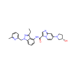 CCc1nn(Cc2cccc(C)n2)c2cccc(NC(=O)c3cnc4cc(N5CC[C@H](O)C5)ccn34)c12 ZINC000117887004