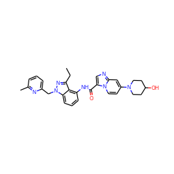 CCc1nn(Cc2cccc(C)n2)c2cccc(NC(=O)c3cnc4cc(N5CCC(O)CC5)ccn34)c12 ZINC000117881163