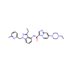 CCc1nn(Cc2cccc(C)n2)c2cccc(NC(=O)c3cnc4cc(N5CCN(CC)CC5)ccn34)c12 ZINC000117899743