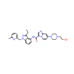 CCc1nn(Cc2cccc(C)n2)c2cccc(NC(=O)c3cnc4cc(N5CCN(CCO)CC5)ccn34)c12 ZINC000117892649