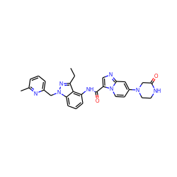 CCc1nn(Cc2cccc(C)n2)c2cccc(NC(=O)c3cnc4cc(N5CCNC(=O)C5)ccn34)c12 ZINC000117894734