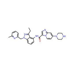 CCc1nn(Cc2cccc(C)n2)c2cccc(NC(=O)c3cnc4cc(N5CCNCC5)ccn34)c12 ZINC000117885246