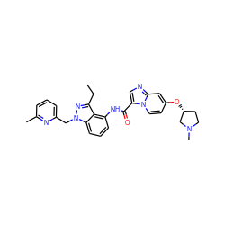 CCc1nn(Cc2cccc(C)n2)c2cccc(NC(=O)c3cnc4cc(O[C@@H]5CCN(C)C5)ccn34)c12 ZINC000117880215