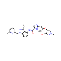 CCc1nn(Cc2cccc(C)n2)c2cccc(NC(=O)c3cnc4cc(O[C@@H]5CN(C)C[C@H]5O)ccn34)c12 ZINC000117889882