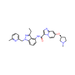 CCc1nn(Cc2cccc(C)n2)c2cccc(NC(=O)c3cnc4cc(O[C@H]5CCN(C)C5)ccn34)c12 ZINC000117880207