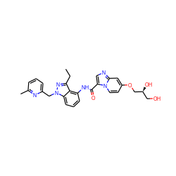 CCc1nn(Cc2cccc(C)n2)c2cccc(NC(=O)c3cnc4cc(OC[C@@H](O)CO)ccn34)c12 ZINC000117881488