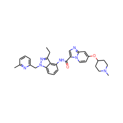 CCc1nn(Cc2cccc(C)n2)c2cccc(NC(=O)c3cnc4cc(OC5CCN(C)CC5)ccn34)c12 ZINC000117884570