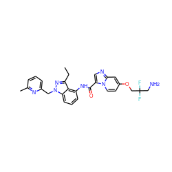 CCc1nn(Cc2cccc(C)n2)c2cccc(NC(=O)c3cnc4cc(OCC(F)(F)CN)ccn34)c12 ZINC000117893837