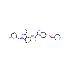 CCc1nn(Cc2cccc(C)n2)c2cccc(NC(=O)c3cnc4cc(OCC5CCN(C)CC5)ccn34)c12 ZINC000169706569