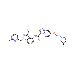 CCc1nn(Cc2cccc(C)n2)c2cccc(NC(=O)c3cnc4cc(OCCN5CC[C@@H](F)C5)ccn34)c12 ZINC000117885264