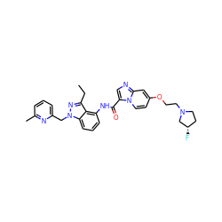 CCc1nn(Cc2cccc(C)n2)c2cccc(NC(=O)c3cnc4cc(OCCN5CC[C@H](F)C5)ccn34)c12 ZINC000117885267