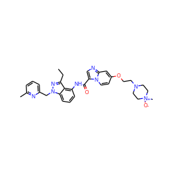 CCc1nn(Cc2cccc(C)n2)c2cccc(NC(=O)c3cnc4cc(OCCN5CC[N+](C)([O-])CC5)ccn34)c12 ZINC000117877249