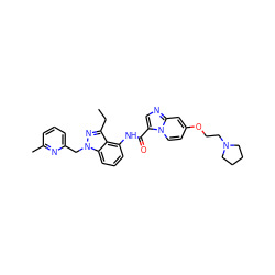 CCc1nn(Cc2cccc(C)n2)c2cccc(NC(=O)c3cnc4cc(OCCN5CCCC5)ccn34)c12 ZINC000117884199