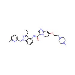 CCc1nn(Cc2cccc(C)n2)c2cccc(NC(=O)c3cnc4cc(OCCN5CCN(C)CC5)ccn34)c12 ZINC000117874749