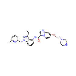 CCc1nn(Cc2cccc(C)n2)c2cccc(NC(=O)c3cnc4cc(OCCN5CCNCC5)ccn34)c12 ZINC000117887809