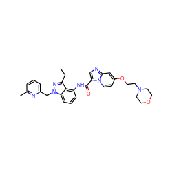 CCc1nn(Cc2cccc(C)n2)c2cccc(NC(=O)c3cnc4cc(OCCN5CCOCC5)ccn34)c12 ZINC000117894837