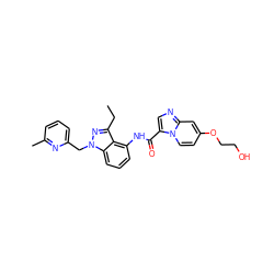 CCc1nn(Cc2cccc(C)n2)c2cccc(NC(=O)c3cnc4cc(OCCO)ccn34)c12 ZINC000117889741