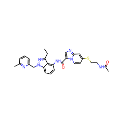 CCc1nn(Cc2cccc(C)n2)c2cccc(NC(=O)c3cnc4cc(SCCNC(C)=O)ccn34)c12 ZINC000169706585