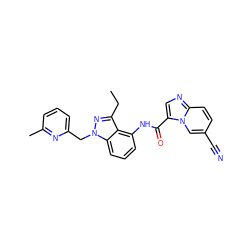 CCc1nn(Cc2cccc(C)n2)c2cccc(NC(=O)c3cnc4ccc(C#N)cn34)c12 ZINC000117895076