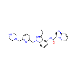 CCc1nn(Cc2cccc(CN3CCNCC3)n2)c2cccc(NC(=O)c3cnc4ccccn34)c12 ZINC000117893745