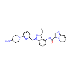 CCc1nn(Cc2cccc(N3CCC(N)CC3)n2)c2cccc(NC(=O)c3cnc4ccccn34)c12 ZINC000117885016