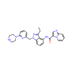 CCc1nn(Cc2cccc(N3CCNCC3)n2)c2cccc(NC(=O)c3cnc4ccccn34)c12 ZINC000117880339