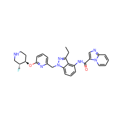 CCc1nn(Cc2cccc(O[C@@H]3CCNC[C@H]3F)n2)c2cccc(NC(=O)c3cnc4ccccn34)c12 ZINC000117881533