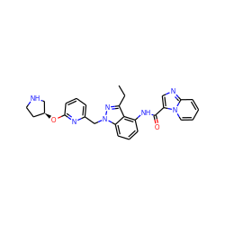 CCc1nn(Cc2cccc(O[C@H]3CCNC3)n2)c2cccc(NC(=O)c3cnc4ccccn34)c12 ZINC000117886650